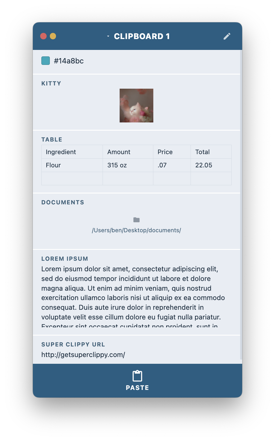 Super Clippy app showing a clipboard with multiple items